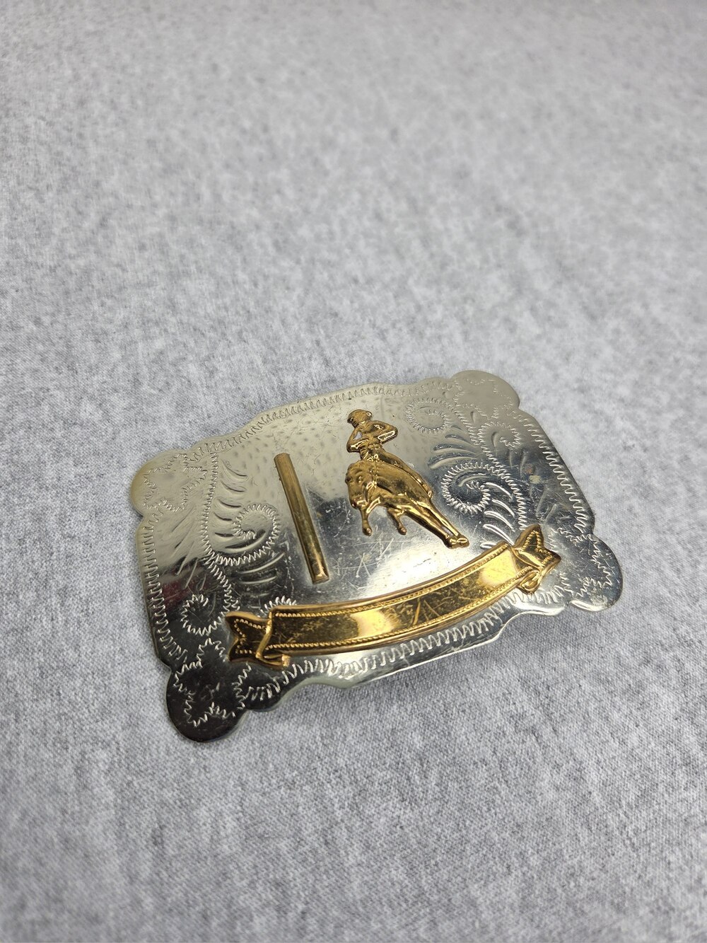 Vintage Rodeo Trophy Belt Buckle German Silver Gold Bull Rider Filigree